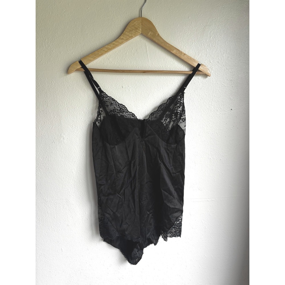 Vanity Fair Vintage Black Lace Bodysuit Antron III Nylon Snap Gusset Size 34